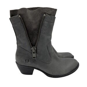 BORN Mila Womens Ankle‎ Boots Gray Leather Side Zip Block Heel Booties Size 7 38